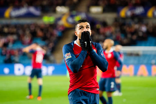 Mohamed Elyounoussi of Norway reacts