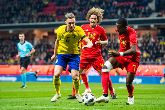 Jonathan Levi of Sweden  against Wout Faes and Isaac Mbenza