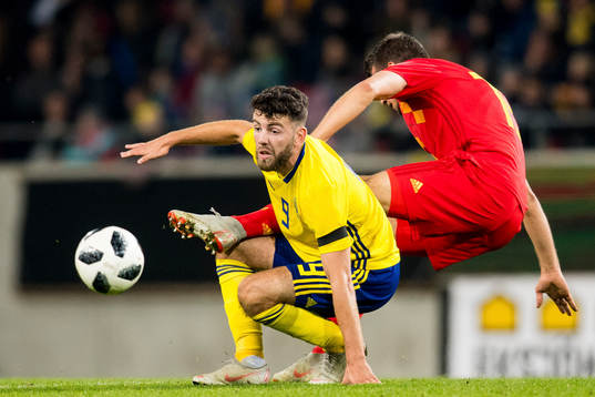 Erdal Rakip of Sweden in action with Jordi Vanlerberghe of