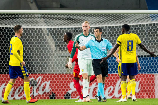 Goalkeeper Pontus Dahlberg of Sweden and referee Frank
