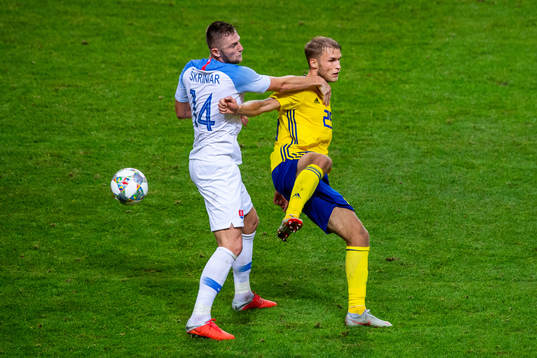 Milan Skriniar of Slovakia and Sebastian Andersson of Sweden