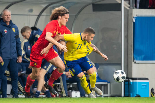 Jordan Larsson  of Sweden  and Wout Faes of Belgium