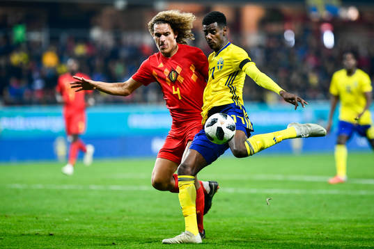 Alexander Isak of Sweden and Wout Faes of Belgium