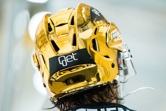 The golden helmet of David Morley of Stavanger Oilers