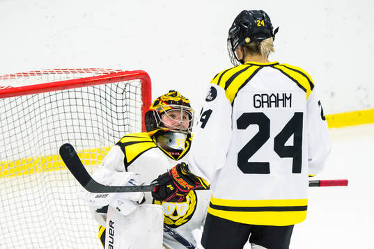 Brynäs målvakt Ellen Jonsson och Erika Grahm