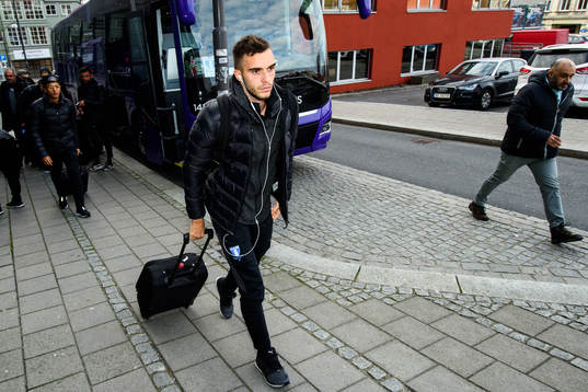 Egzon Binaku of Malmö FF arrives at the hotel