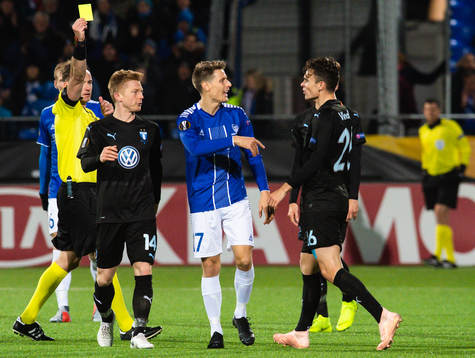 Andreas Vindheim of Malmö FF receives a yellow card