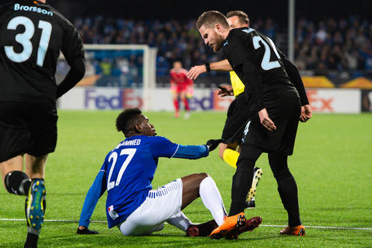 Rashad Muhammed of Sarpsborg 08 and Lasse Nielsen of Malmö