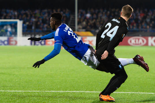 Rashad Muhammed of Sarpsborg 08 and Lasse Nielsen of Malmö