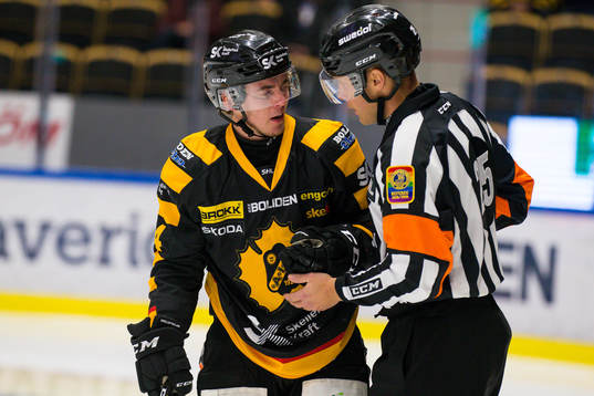Skellefteås Andreas Wingerli pratar med domare Tobias