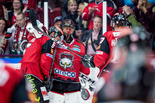 Malmö Redhawks Stefan Warg och Fredrik Händemark jublar