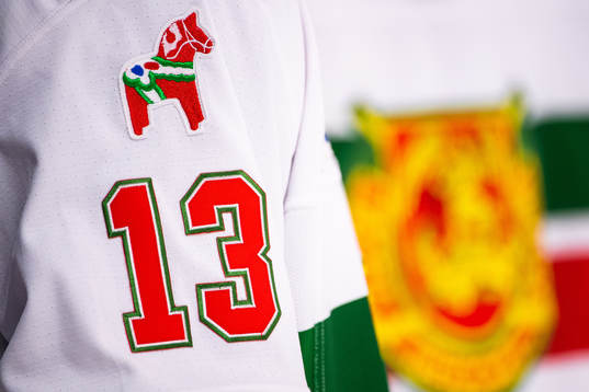 Detaljbild på dalahäst på Moras matchställ