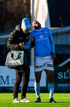 Erixon Danso of Sandnes Ulf reacts with an injury