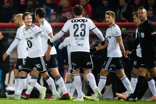 Mike Jensen of Rosenborg celebrates with team mates