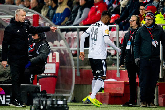 Samuel Adegbenro of Rosenborg walks off the pitch with an