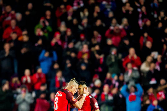 Deyver Vega of Brann celebrates with teammate Vito Wormgoor