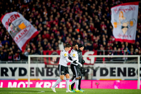 Samuel Adegbenro of Rosenborg walks off the pitch with an