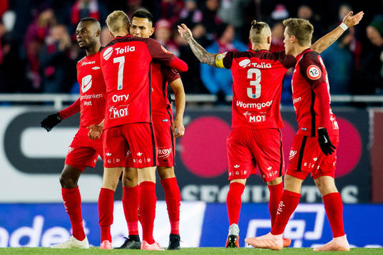 Deyver Vega of Brann celebrates with teammate Peter Orry