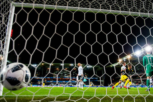 Niklas Sandberg of Start (not pictured) scores 0-1 behind