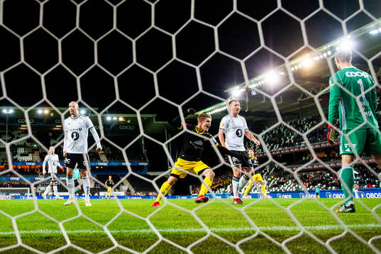 Niklas Sandberg of Start (not pictured) scores 0-1 behind