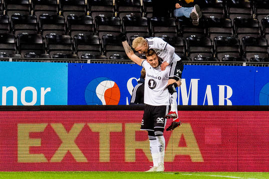 Nicklas Bendtner of Rosenborg celebrates with teammate