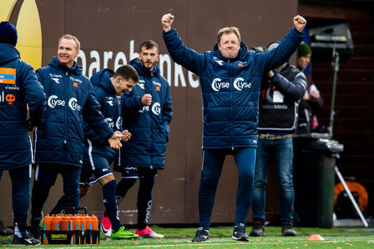 Bjarne Berntsen, head coach of Viking, celebrates at the