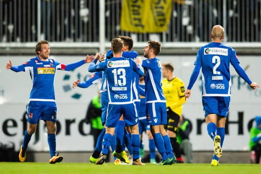 Håvard Storbæk of Sandefjord celebrates with teammates