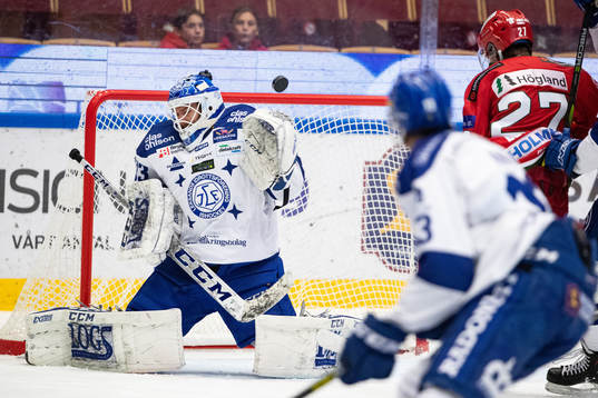 Leksands målvakt Axel Brage och Modos Ludvig Elvenes
