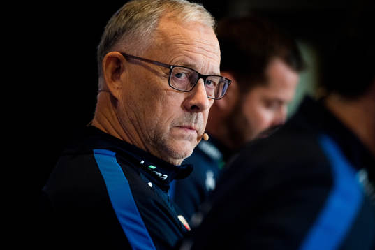Lars Lagerbäck, head coach of Norway, presents the team