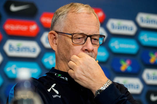 Lars Lagerbäck, head coach of Norway, presents the team