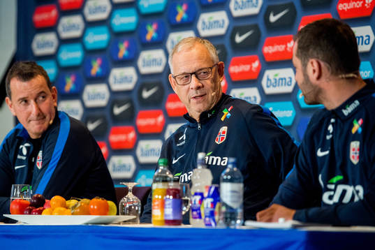 Lars Lagerbäck, head coach of Norway, presents the team