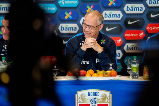 Lars Lagerbäck, head coach of Norway, presents the team