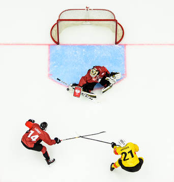 Goalkeeper Lars Volden of Malmö Redhawks saves a shoot
