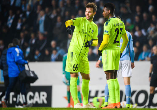 Patrick Mortensen and Rashad Muhammed of Sarpsborg 08 in a