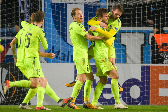 Patrick Mortensen of Sarpsborg 08 celebrates with teammates