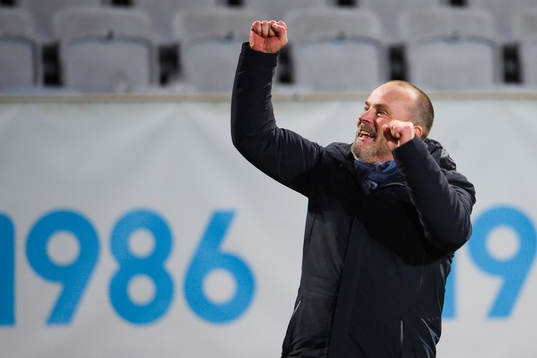 Geir Bakke, head coach of Sarpsborg 08, celebrates with