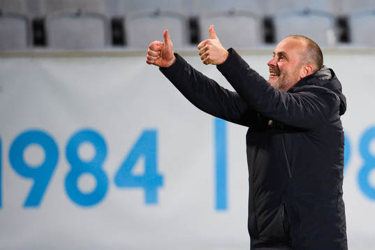 Geir Bakke, head coach of Sarpsborg 08, celebrates with the