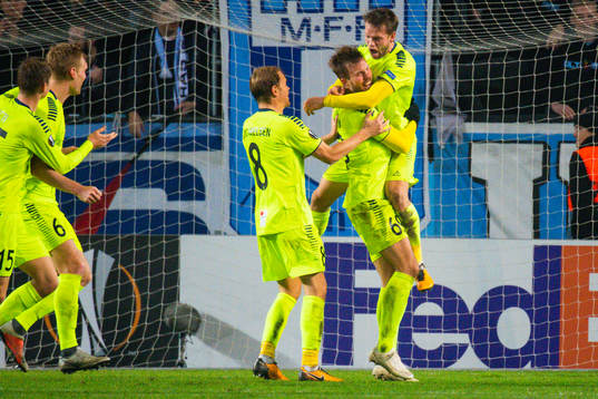 Patrick Mortensen of Sarpsborg 08 is celebrated by his