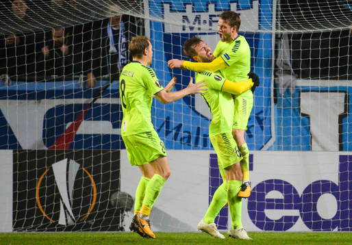 Patrick Mortensen of Sarpsborg 08 celebrates with teammates