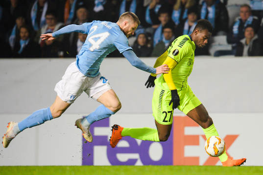 Lasse Nielsen of Malmö FF and Rashad Muhammed of Sarpsborg