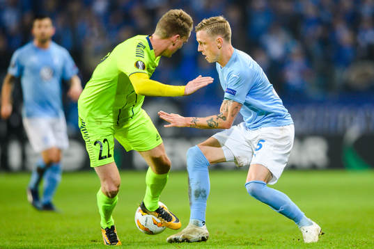 Sören Rieks of Malmö FF and Jon-Helge Tveita of Sarpsborg