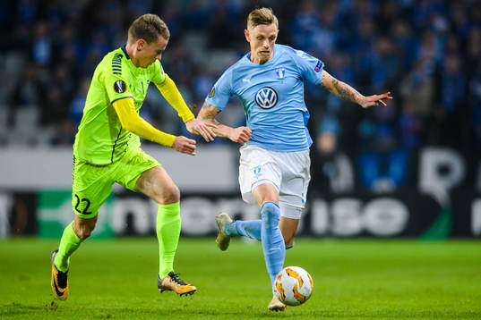 Jon-Helge Tveita of Sarpsborg 08 and Sören Rieks of Malmö