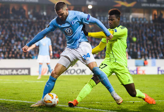 Lasse Nielsen of Malmö FF and Rashad Muhammed of Sarpsborg