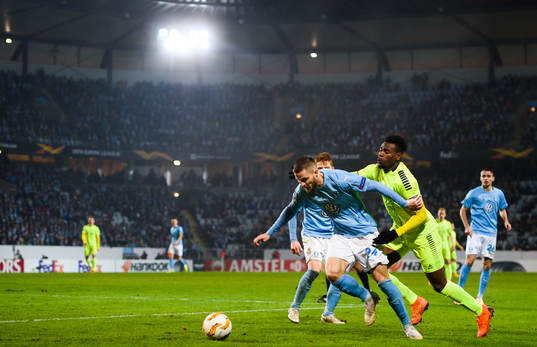 Lasse Nielsen of Malmö FF and Rashad Muhammed of Sarpsborg