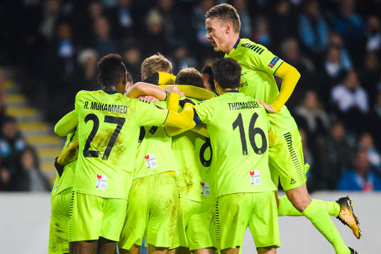 Patrick Mortensen of Sarpsborg 08 celebrates with team mates