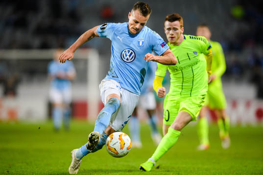 Eric Larsson of Malmö FF and Tobias Heintz of Sarpsborg 08
