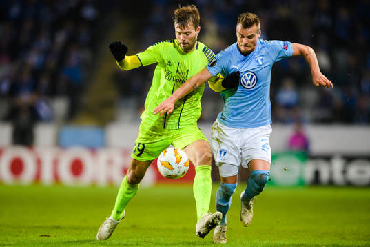 Patrick Mortensen of Sarpsborg 08 and Eric Larsson of