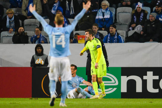 Joachim Thomassen of Sarpsborg 08 reacts at Eric Larsson of