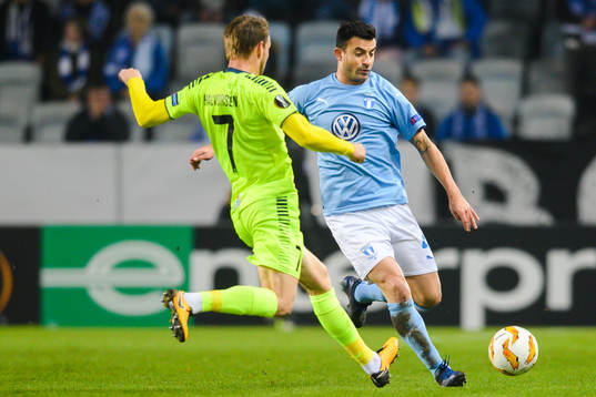 Behrang Safari of Malmö FF and Ole Jørgen Halvorsen of