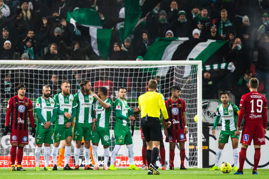 Östersunds spelare med en frispark